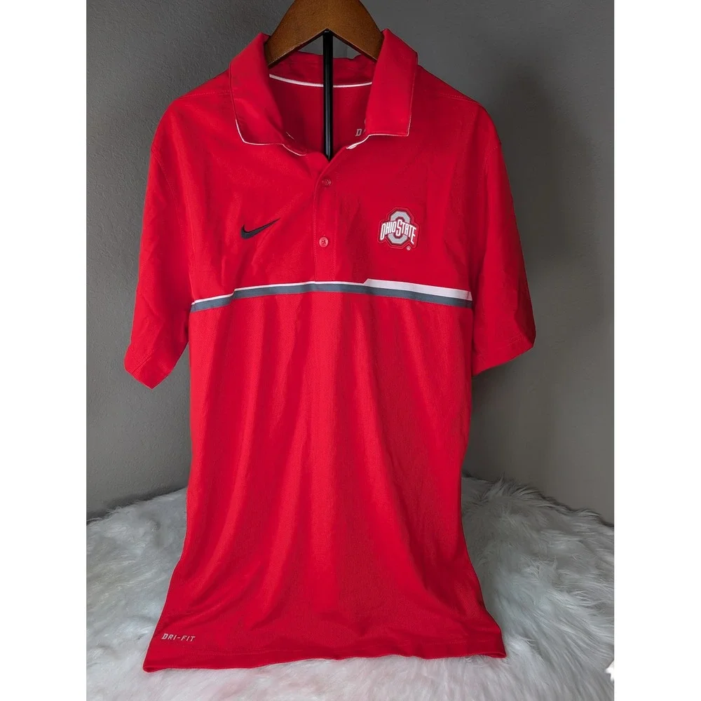 Nike Ohio State Buckeyes Polo Mens Small Red Dri-FIT Short Sleeve Striped Shirt